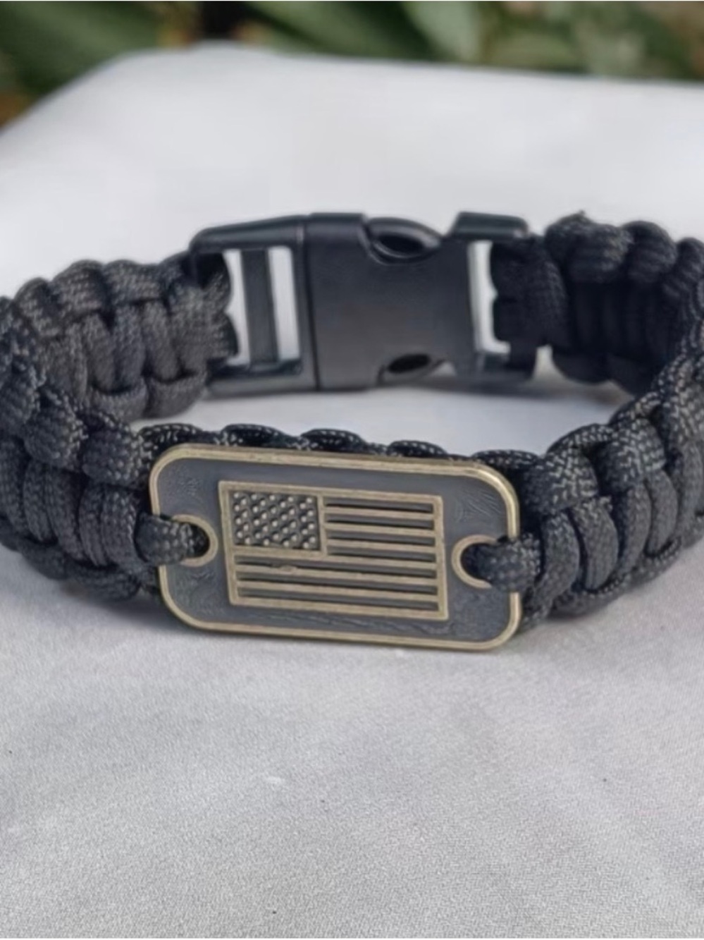 Black Paracord Bracelet with Antique Brass American Flag Plate - Picture 2 of 2